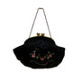 Hervé Paris Black Velvet Floral Embroidered Evening Bag With Pearl Clasp Size S