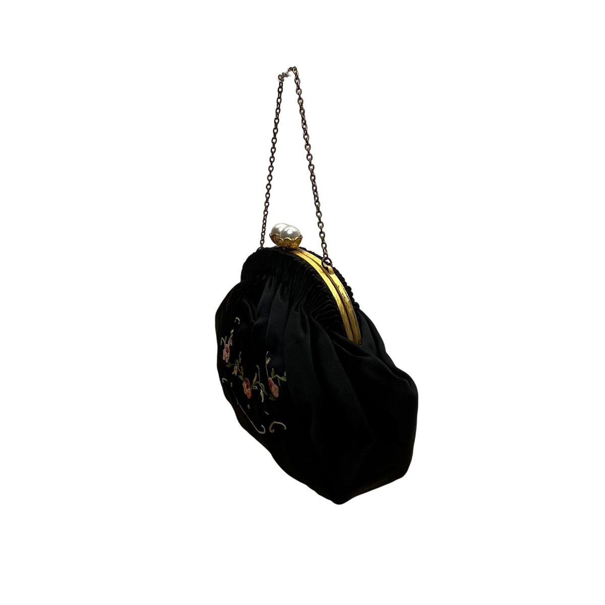 Hervé Paris Black Velvet Floral Embroidered Evening Bag With Pearl Clasp Size S