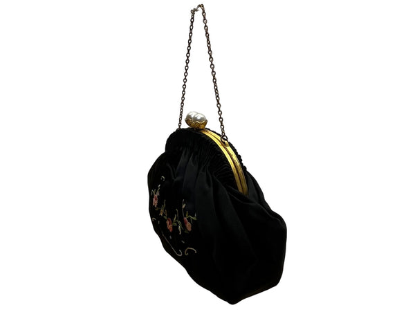 Hervé Paris Black Velvet Floral Embroidered Evening Bag With Pearl Clasp Size S