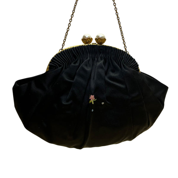 Hervé Paris Black Velvet Floral Embroidered Evening Bag With Pearl Clasp Size S