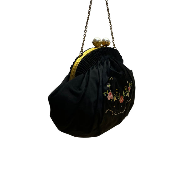 Hervé Paris Black Velvet Floral Embroidered Evening Bag With Pearl Clasp Size S