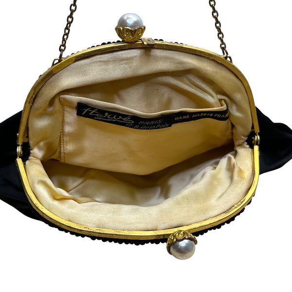 Hervé Paris Black Velvet Floral Embroidered Evening Bag With Pearl Clasp Size S