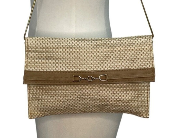 Maryann Rosenfeld Woven Straw With Gold Chain Strap & Horsebit Detail Clutch Bag