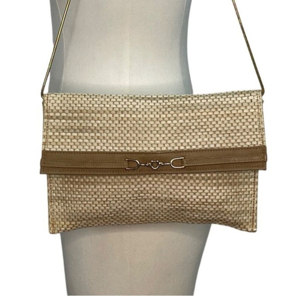 Maryann Rosenfeld Woven Straw With Gold Chain Strap & Horsebit Detail Clutch Bag