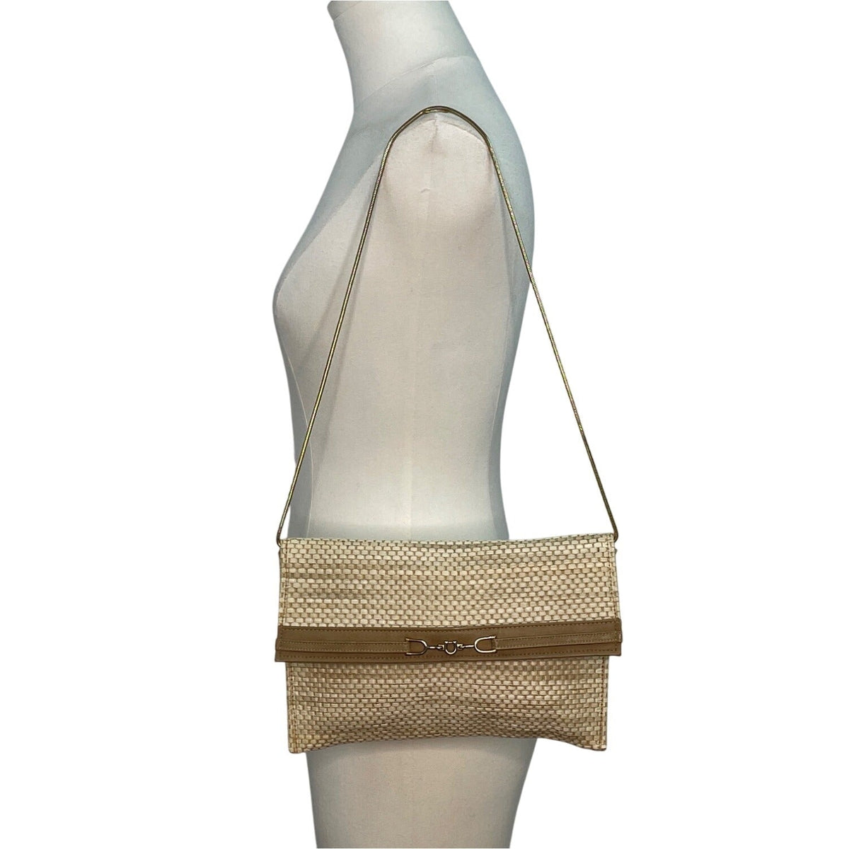 Maryann Rosenfeld Woven Straw With Gold Chain Strap & Horsebit Detail Clutch Bag