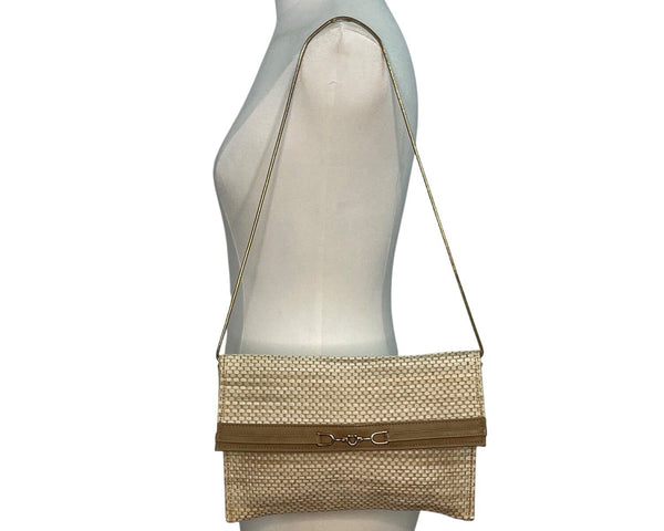 Maryann Rosenfeld Woven Straw With Gold Chain Strap & Horsebit Detail Clutch Bag