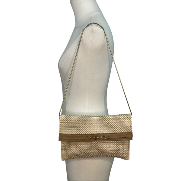 Maryann Rosenfeld Woven Straw With Gold Chain Strap & Horsebit Detail Clutch Bag