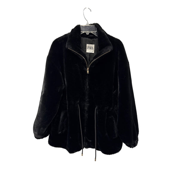 Zara Womens Black Faux Fur Jacket Zipper Pockets Soft Plush Fabric Size M