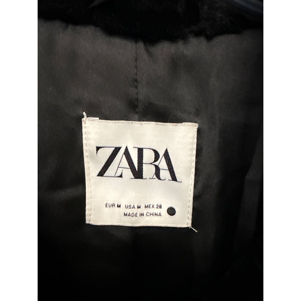 Zara Womens Black Faux Fur Jacket Zipper Pockets Soft Plush Fabric Size M