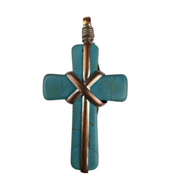 Handcrafted Copper & Turquoise Stone Cross Pendant Vintage Religious Charm