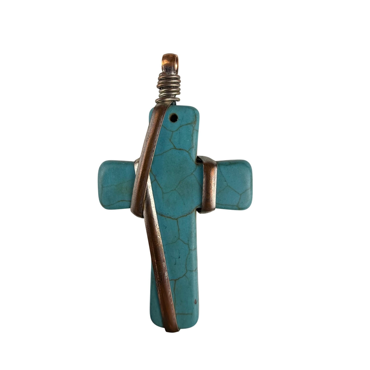 Handcrafted Copper & Turquoise Stone Cross Pendant Vintage Religious Charm