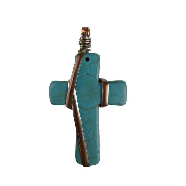 Handcrafted Copper & Turquoise Stone Cross Pendant Vintage Religious Charm