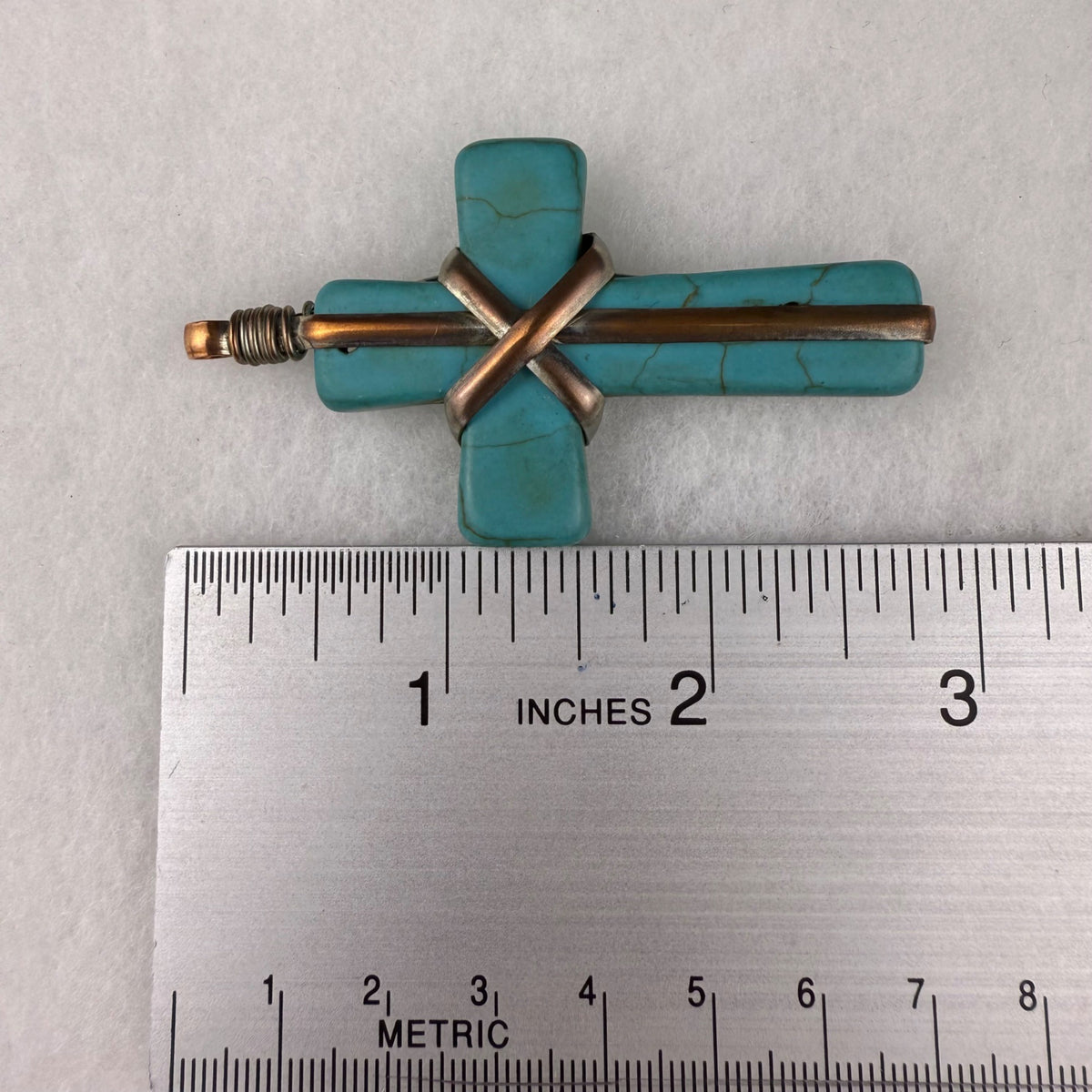 Handcrafted Copper & Turquoise Stone Cross Pendant Vintage Religious Charm