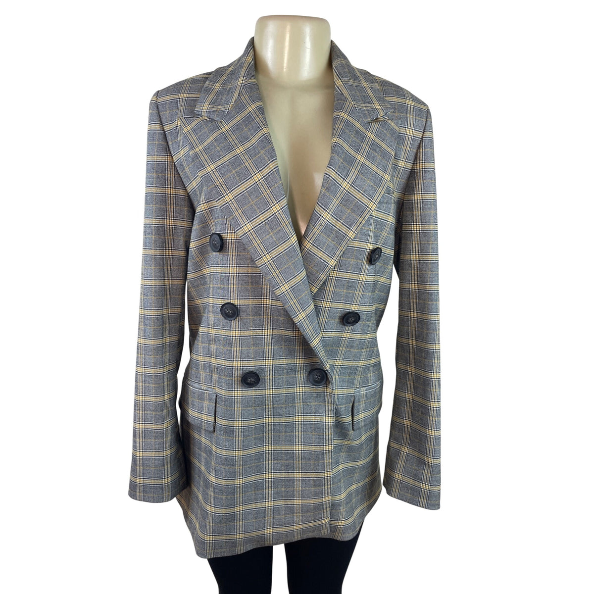 Free People Women's Gray Double-Breasted Blazer With Yellow Plaid Pattern Sz S
