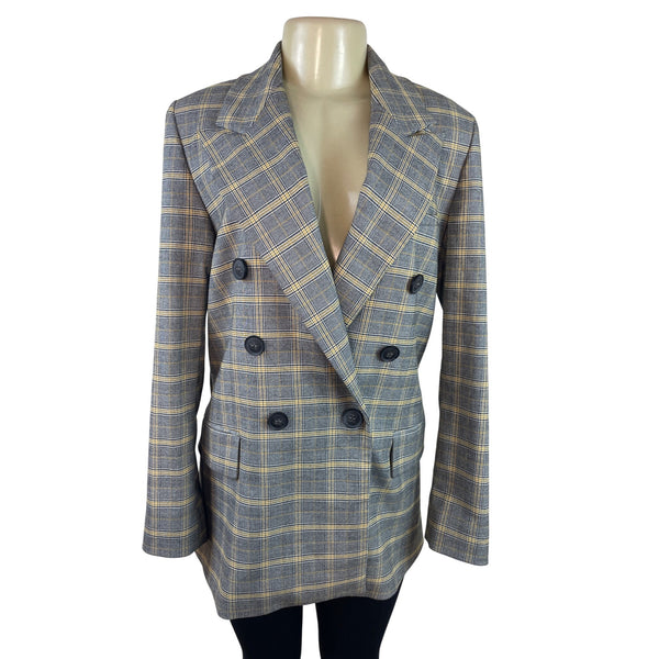 Free People Women's Gray Double-Breasted Blazer With Yellow Plaid Pattern Sz S