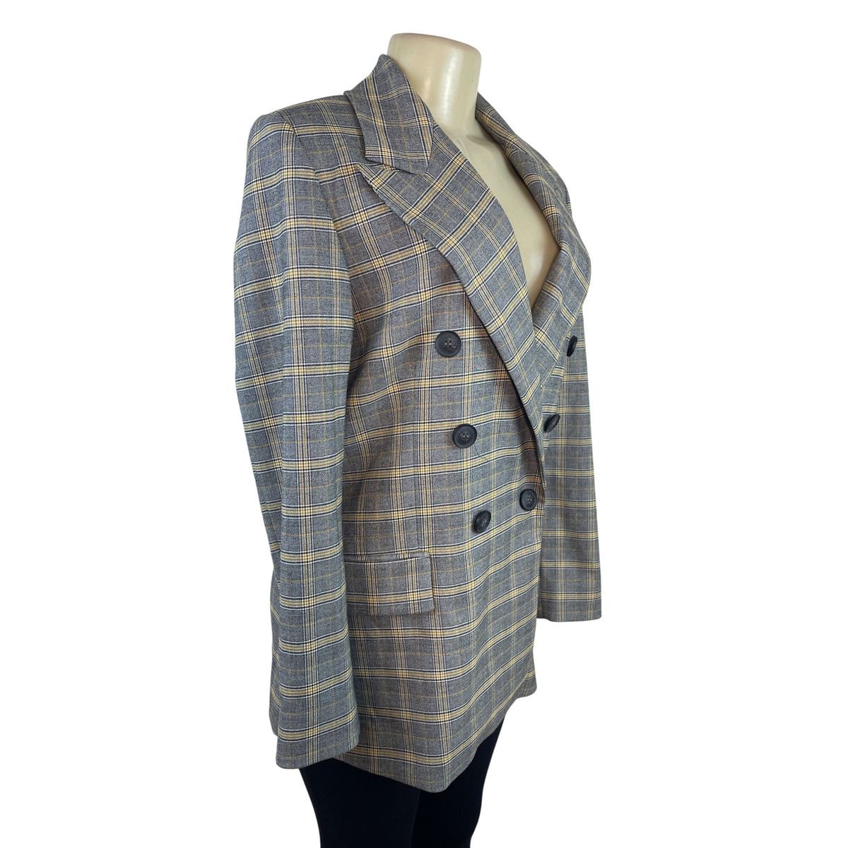 Free People Women's Gray Double-Breasted Blazer With Yellow Plaid Pattern Sz S