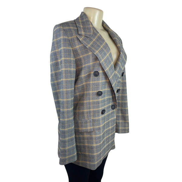 Free People Women's Gray Double-Breasted Blazer With Yellow Plaid Pattern Sz S