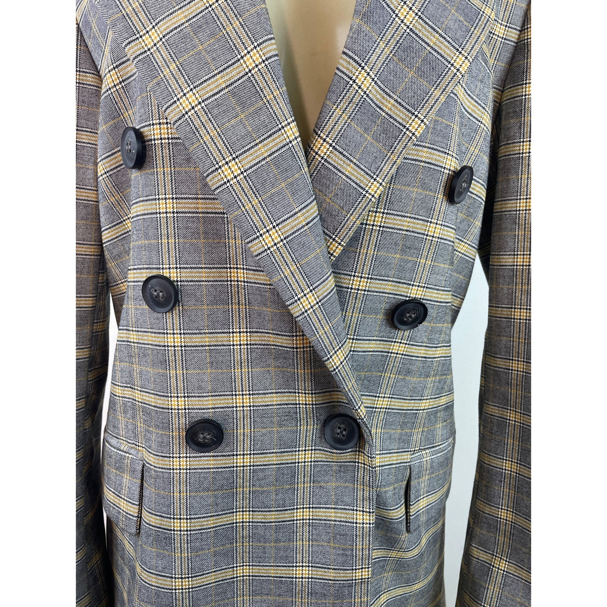 Free People Women's Gray Double-Breasted Blazer With Yellow Plaid Pattern Sz S