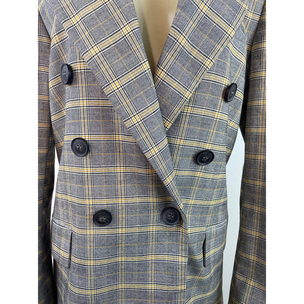 Free People Women's Gray Double-Breasted Blazer With Yellow Plaid Pattern Sz S