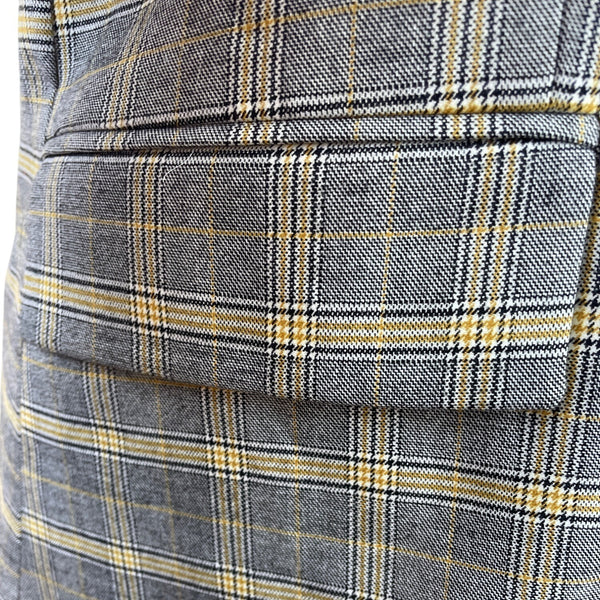 Free People Women's Gray Double-Breasted Blazer With Yellow Plaid Pattern Sz S