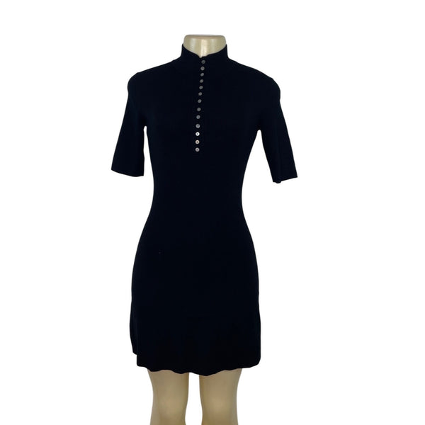 Theory Black Ribbed Knit Button-Up Mini Dress Short Sleeve Sz P