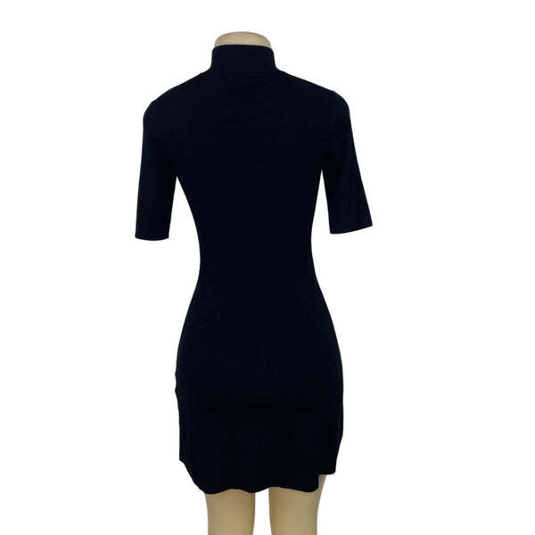 Theory Black Ribbed Knit Button-Up Mini Dress Short Sleeve Sz P