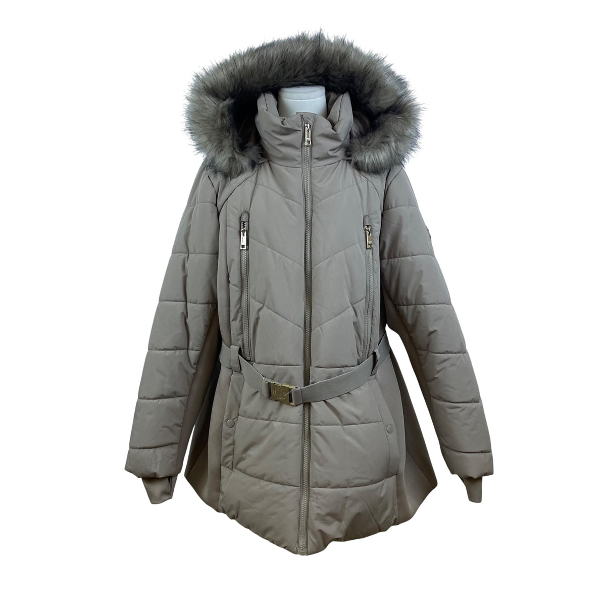 Michael Kors Women's Gray Quilted Hooded Puffer Coat With Faux Fur Trim Size 2X