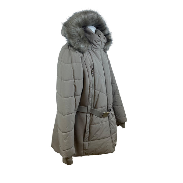 Michael Kors Women's Gray Quilted Hooded Puffer Coat With Faux Fur Trim Size 2X