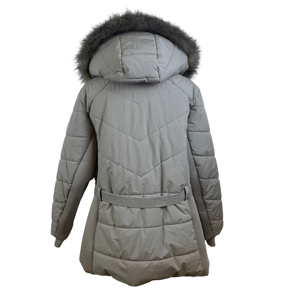 Michael Kors Women's Gray Quilted Hooded Puffer Coat With Faux Fur Trim Size 2X