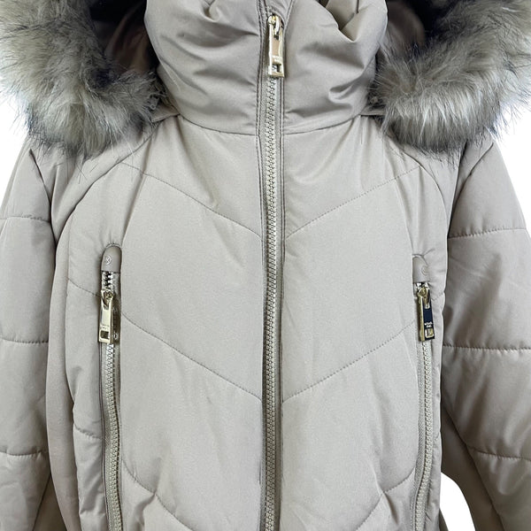 Michael Kors Women's Gray Quilted Hooded Puffer Coat With Faux Fur Trim Size 2X