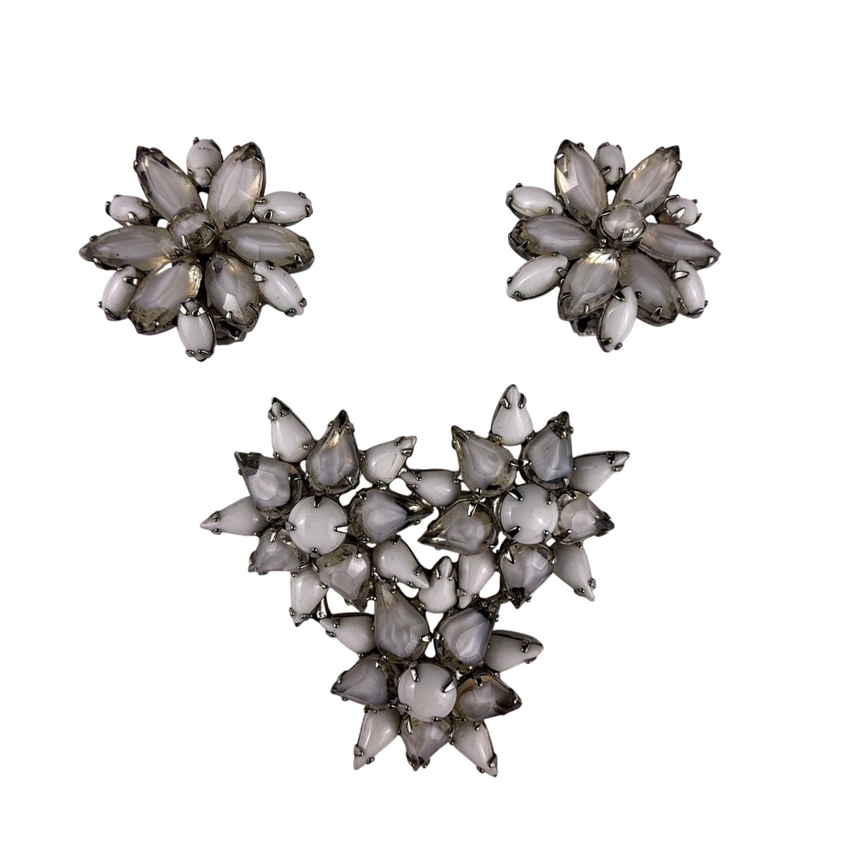 Vintage Floral Clip-On Earrings & Brooch Set White Milk Glass Rhinestones