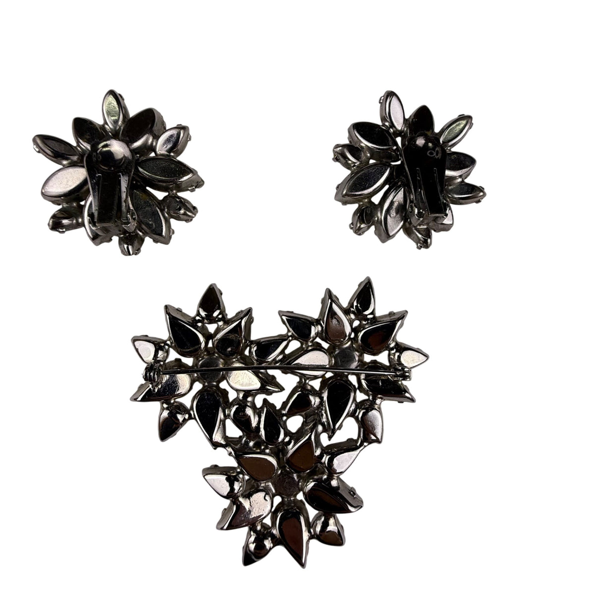 Vintage Floral Clip-On Earrings & Brooch Set White Milk Glass Rhinestones