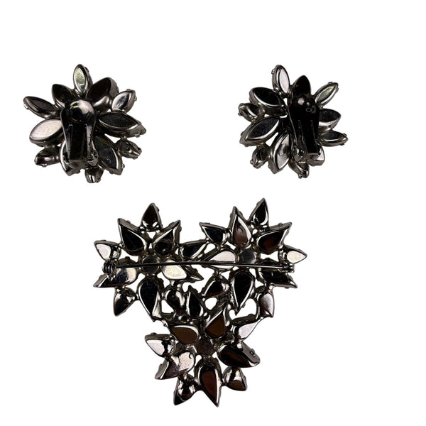 Vintage Floral Clip-On Earrings & Brooch Set White Milk Glass Rhinestones