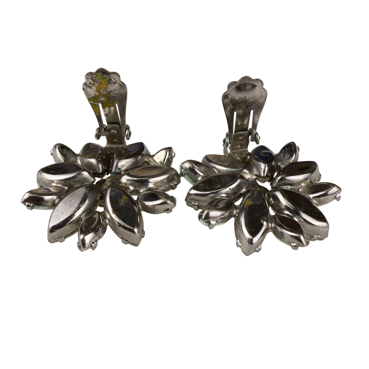 Vintage Floral Clip-On Earrings & Brooch Set White Milk Glass Rhinestones