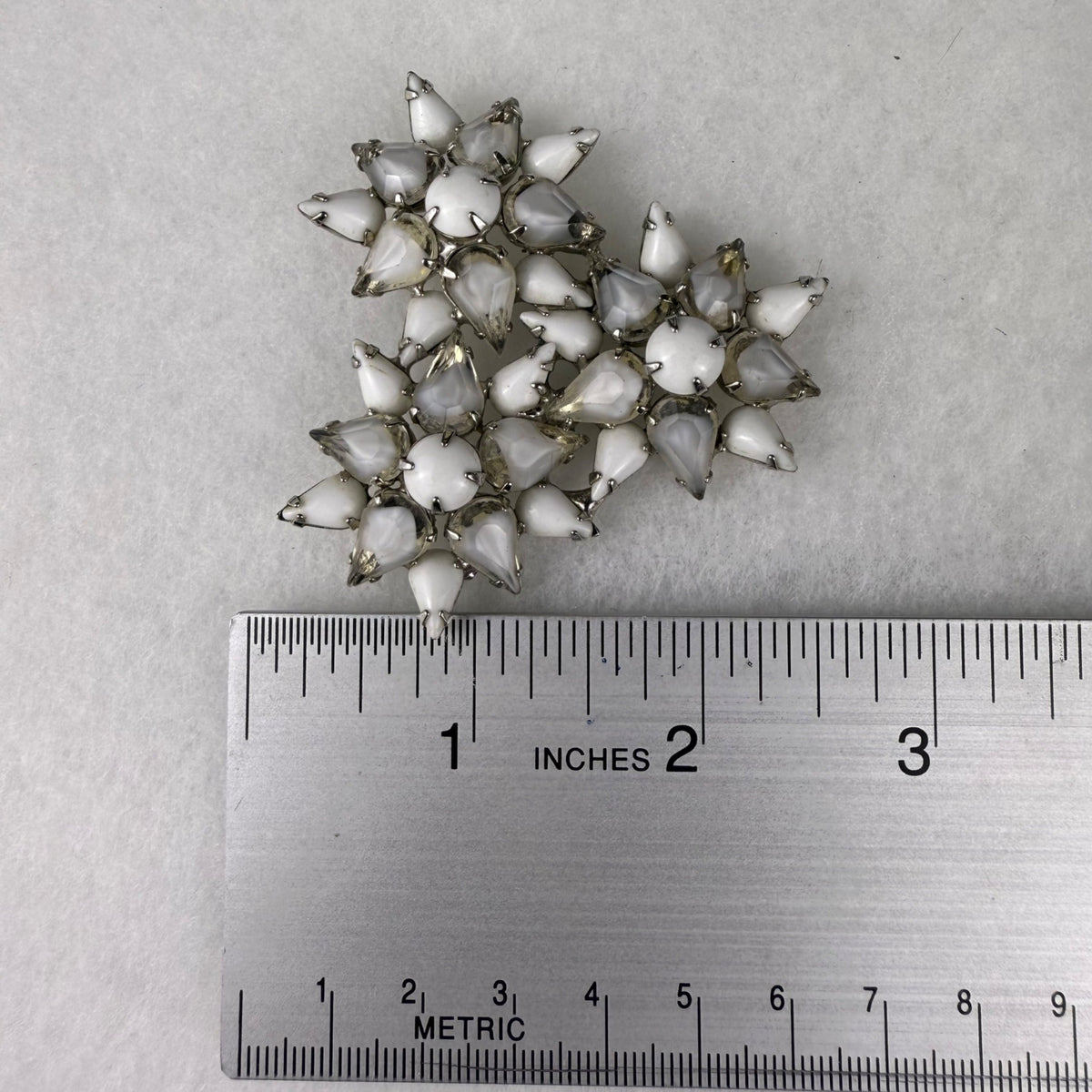 Vintage Floral Clip-On Earrings & Brooch Set White Milk Glass Rhinestones