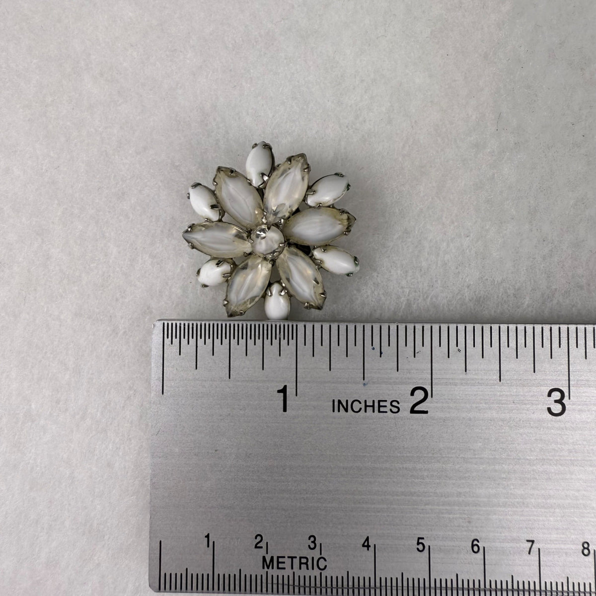 Vintage Floral Clip-On Earrings & Brooch Set White Milk Glass Rhinestones