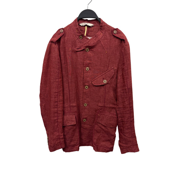 Zara Men Red Linen Button-Up Jacket With Multiple Pockets & Shoulder Epaulets