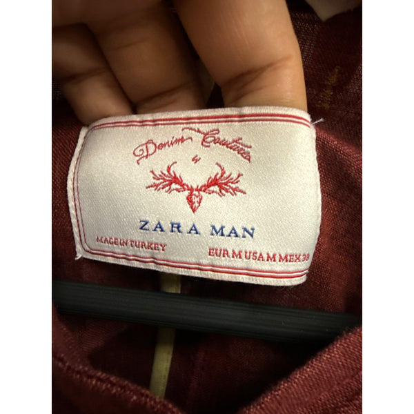 Zara Men Red Linen Button-Up Jacket With Multiple Pockets & Shoulder Epaulets