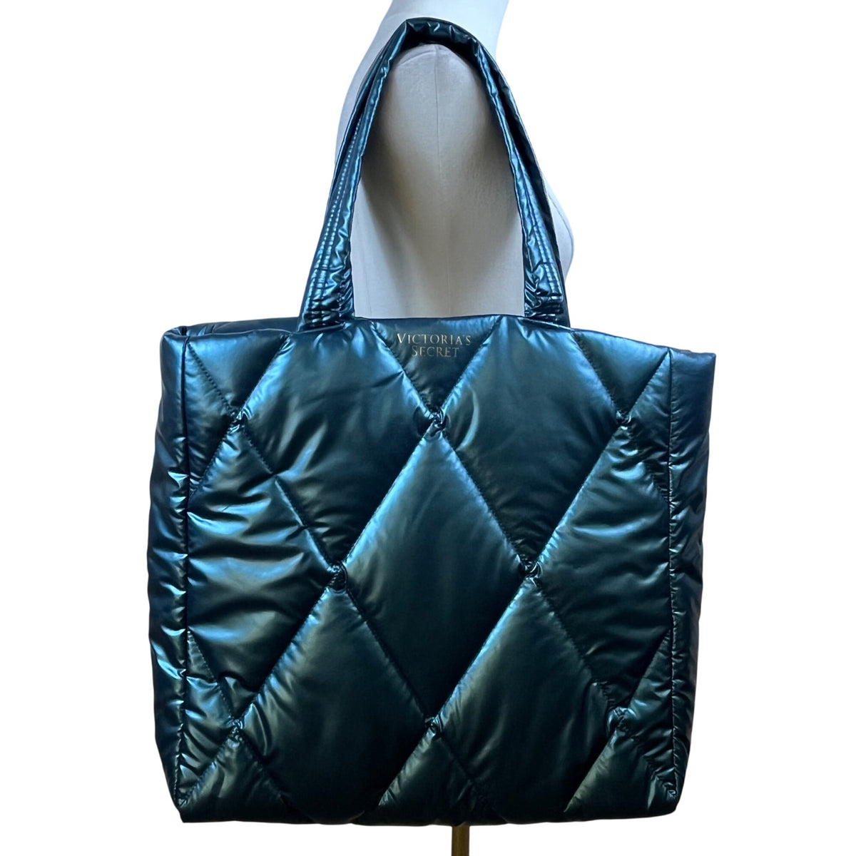 Victoria’s Secret Women’s Green Teal Puffer Quilted Diamond Stitch Tote Bag Sz L