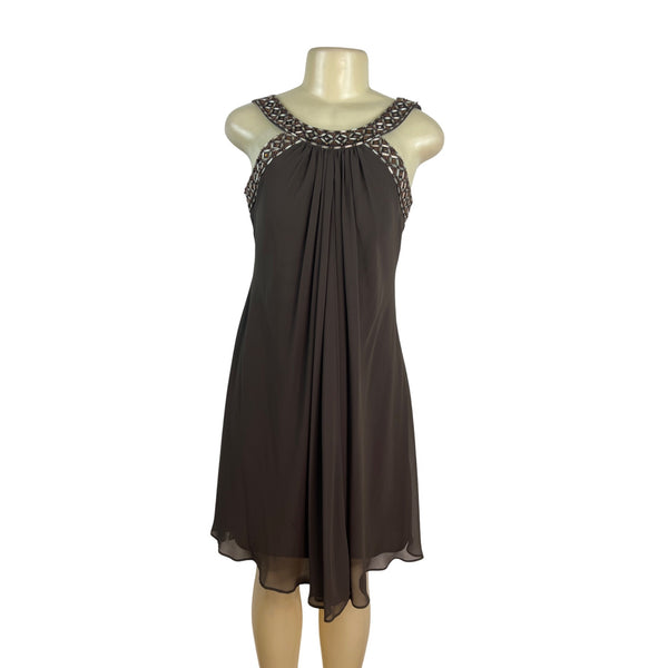 JS Boutique Beaded Halter Neck Brown Chiffon Cocktail Dress With Back Zip Size 8