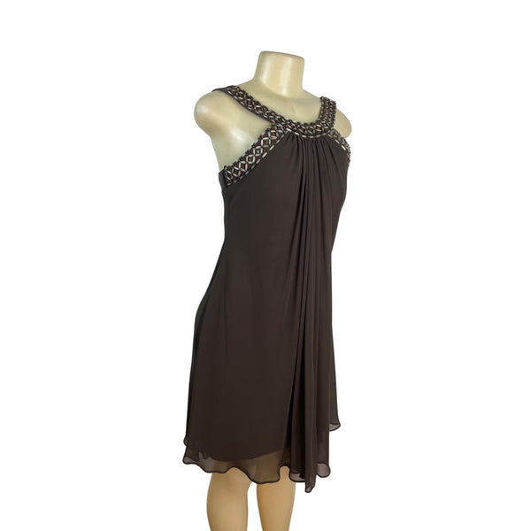 JS Boutique Beaded Halter Neck Brown Chiffon Cocktail Dress With Back Zip Size 8