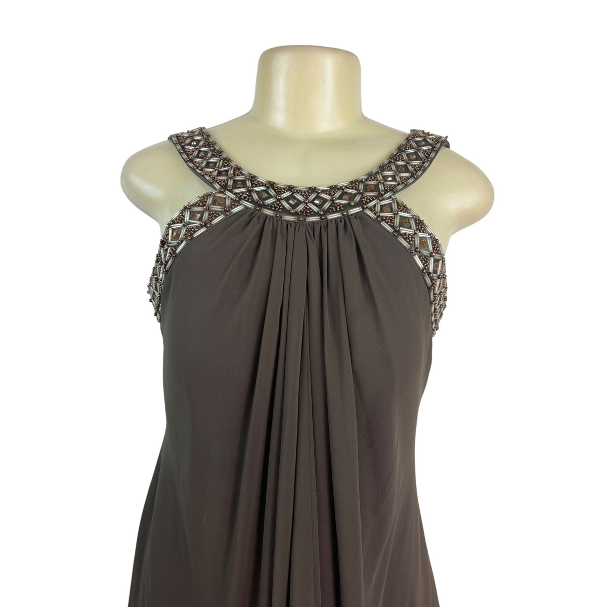 JS Boutique Beaded Halter Neck Brown Chiffon Cocktail Dress With Back Zip Size 8