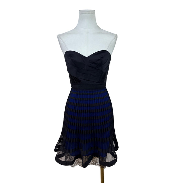 BCBG Maxazria Strapless Black & Blue Pleated Cocktail Dress With Lace Hem Sz 2