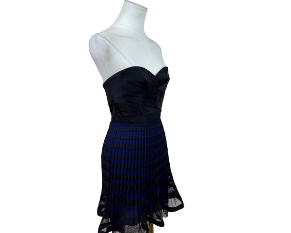 BCBG Maxazria Strapless Black & Blue Pleated Cocktail Dress With Lace Hem Sz 2