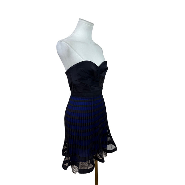 BCBG Maxazria Strapless Black & Blue Pleated Cocktail Dress With Lace Hem Sz 2