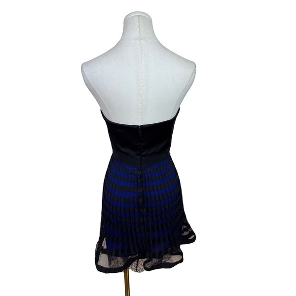 BCBG Maxazria Strapless Black & Blue Pleated Cocktail Dress With Lace Hem Sz 2
