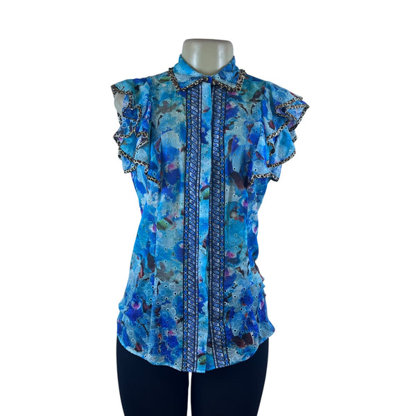 Justcavalli Womens Blue Cotton Printed Blouse Ruffled Sleeves & Leopard Trim 42