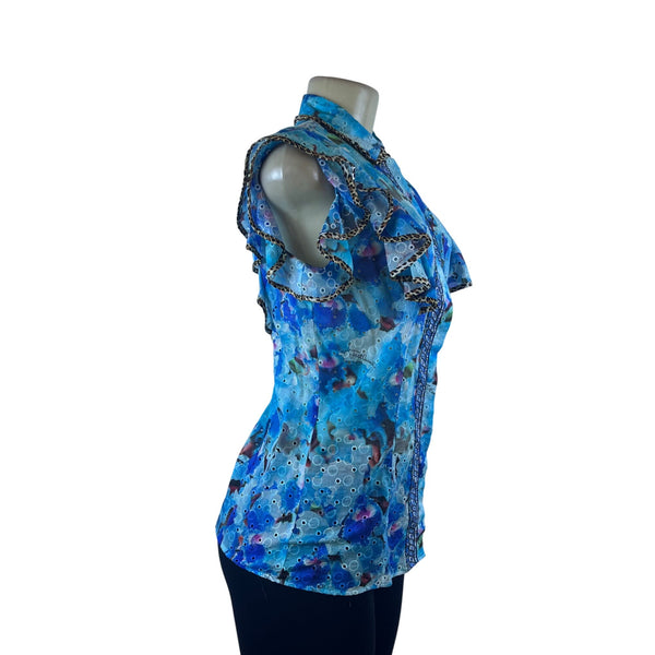 Justcavalli Womens Blue Cotton Printed Blouse Ruffled Sleeves & Leopard Trim 42