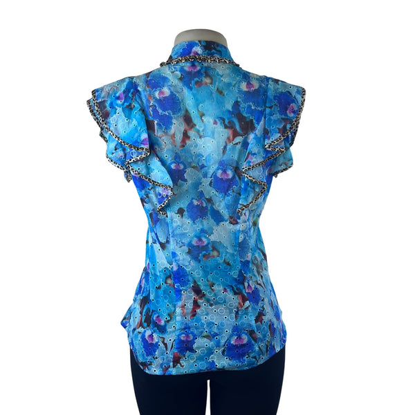 Justcavalli Womens Blue Cotton Printed Blouse Ruffled Sleeves & Leopard Trim 42