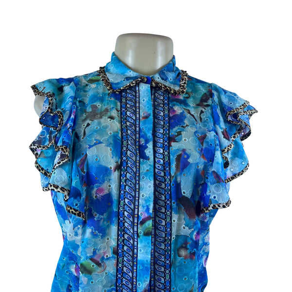 Justcavalli Womens Blue Cotton Printed Blouse Ruffled Sleeves & Leopard Trim 42